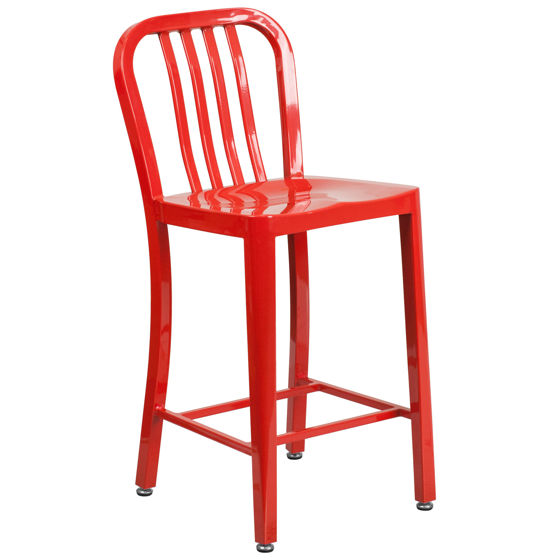 Commercial Grade 24" High Red Metal Indoor-Outdoor Counter Height Stool with Vertical Slat Back CH-61200-24-RED-GG
