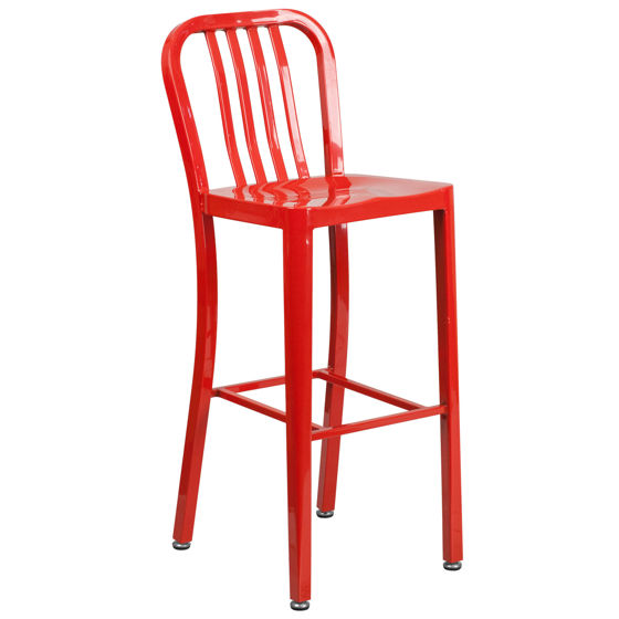 Commercial Grade 30" High Red Metal Indoor-Outdoor Barstool with Vertical Slat Back CH-61200-30-RED-GG