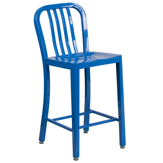 Commercial Grade 24" High Blue Metal Indoor-Outdoor Counter Height Stool with Vertical Slat Back CH-61200-24-BL-GG