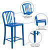 Commercial Grade 24" High Blue Metal Indoor-Outdoor Counter Height Stool with Vertical Slat Back CH-61200-24-BL-GG