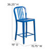 Commercial Grade 24" High Blue Metal Indoor-Outdoor Counter Height Stool with Vertical Slat Back CH-61200-24-BL-GG