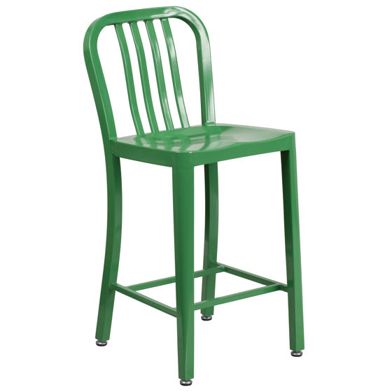 Commercial Grade 24" High Green Metal Indoor-Outdoor Counter Height Stool with Vertical Slat Back CH-61200-24-GN-GG