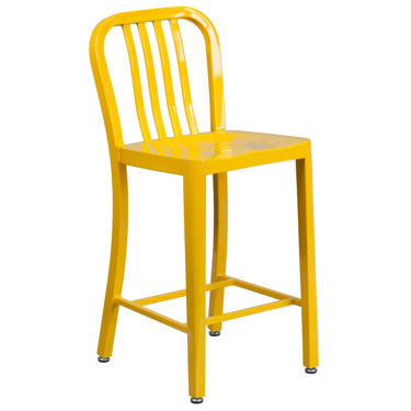 Commercial Grade 24" High Yellow Metal Indoor-Outdoor Counter Height Stool with Vertical Slat Back CH-61200-24-YL-GG