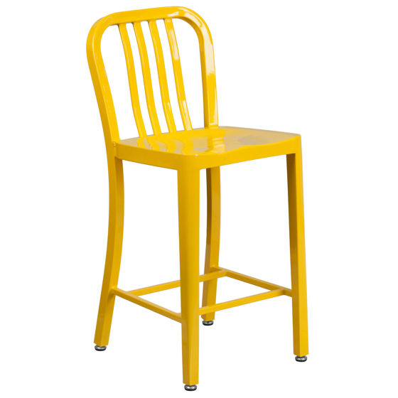 Commercial Grade 24" High Yellow Metal Indoor-Outdoor Counter Height Stool with Vertical Slat Back CH-61200-24-YL-GG