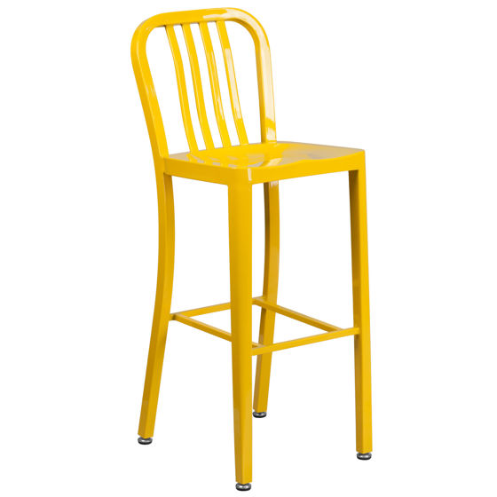 Commercial Grade 30" High Yellow Metal Indoor-Outdoor Barstool with Vertical Slat Back CH-61200-30-YL-GG