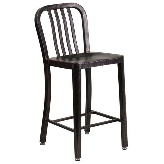 Commercial Grade 24" High Black-Antique Gold Metal Indoor-Outdoor Counter Height Stool with Vertical Slat Back CH-61200-24-BQ-GG