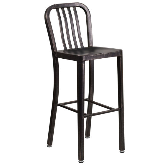 Commercial Grade 30" High Black-Antique Gold Metal Indoor-Outdoor Barstool with Vertical Slat Back CH-61200-30-BQ-GG