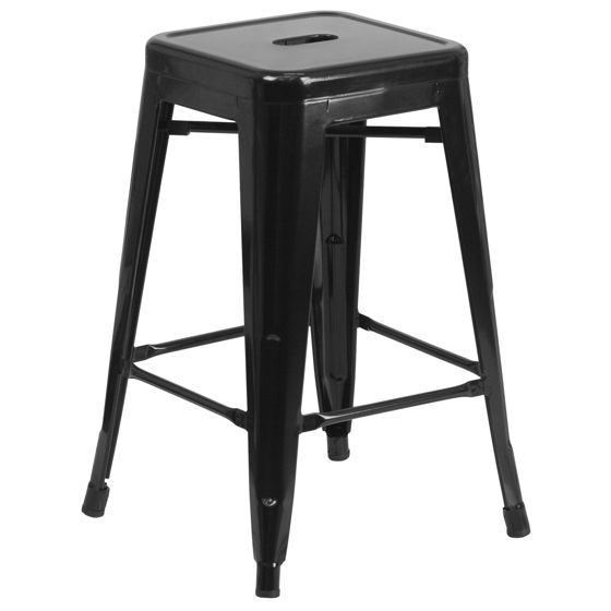 Commercial Grade 24" High Backless Black Metal Indoor-Outdoor Counter Height Stool with Square Seat CH-31320-24-BK-GG