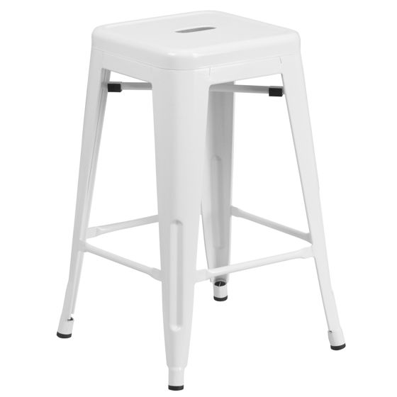 Commercial Grade 24" High Backless White Metal Indoor-Outdoor Counter Height Stool with Square Seat CH-31320-24-WH-GG