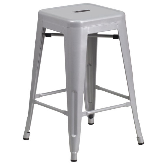 Commercial Grade 24" High Backless Silver Metal Indoor-Outdoor Counter Height Stool with Square Seat CH-31320-24-SIL-GG