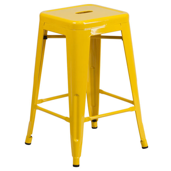 Commercial Grade 24" High Backless Yellow Metal Indoor-Outdoor Counter Height Stool with Square Seat CH-31320-24-YL-GG