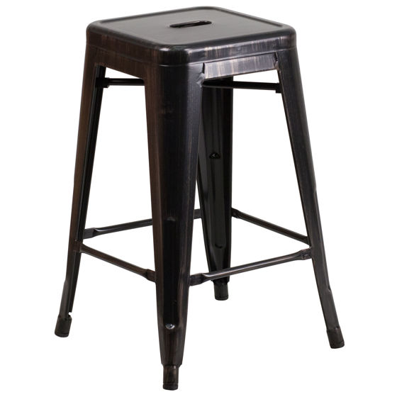 Commercial Grade 24" High Backless Black-Antique Gold Metal Indoor-Outdoor Counter Height Stool with Square Seat CH-31320-24-BQ-GG