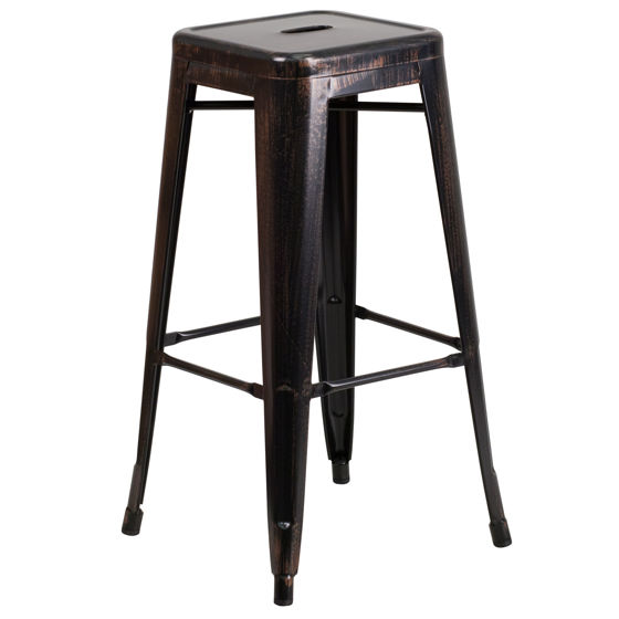 Commercial Grade 30" High Backless Black-Antique Gold Metal Indoor-Outdoor Barstool with Square Seat CH-31320-30-BQ-GG