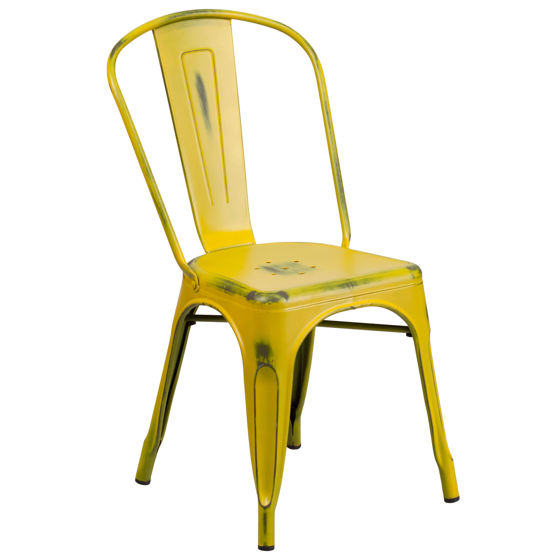 Commercial Grade Distressed Yellow Metal Indoor-Outdoor Stackable Chair ET-3534-YL-GG