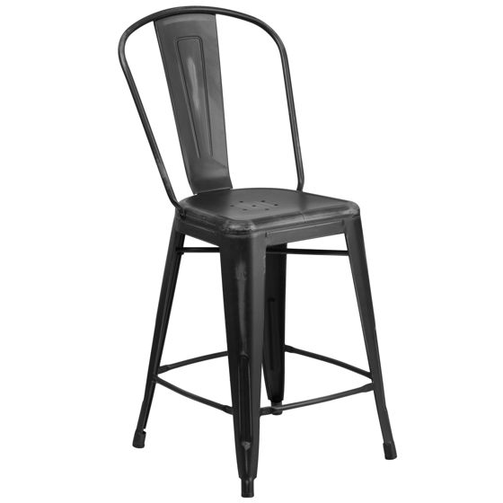 Commercial Grade 24" High Distressed Black Metal Indoor-Outdoor Counter Height Stool with Back ET-3534-24-BK-GG