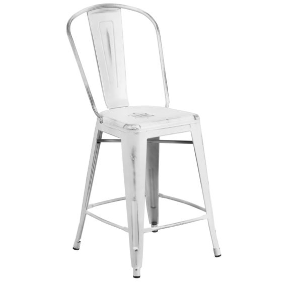 Commercial Grade 24" High Distressed White Metal Indoor-Outdoor Counter Height Stool with Back ET-3534-24-WH-GG