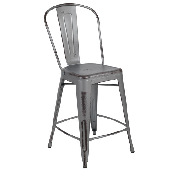 Commercial Grade 24" High Distressed Silver Gray Metal Indoor-Outdoor Counter Height Stool with Back ET-3534-24-SIL-GG