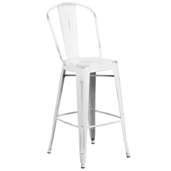 Commercial Grade 30" High Distressed White Metal Indoor-Outdoor Barstool with Back ET-3534-30-WH-GG