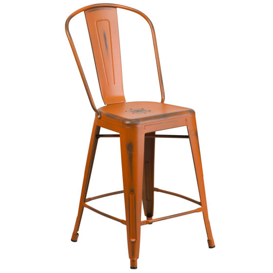 Commercial Grade 24" High Distressed Orange Metal Indoor-Outdoor Counter Height Stool with Back ET-3534-24-OR-GG