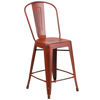 Commercial Grade 24" High Distressed Kelly Red Metal Indoor-Outdoor Counter Height Stool with Back ET-3534-24-RD-GG