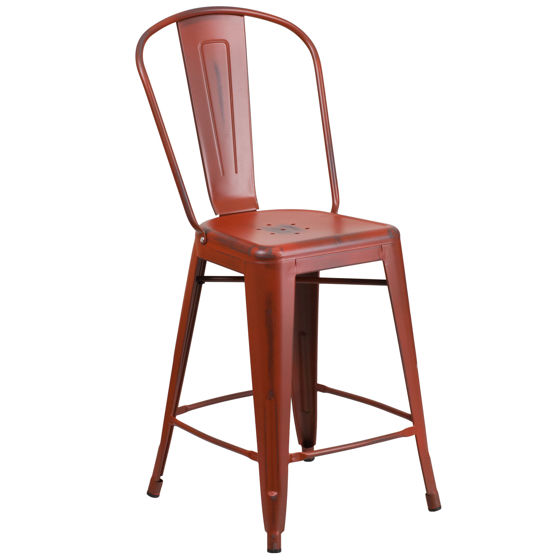 Commercial Grade 24" High Distressed Kelly Red Metal Indoor-Outdoor Counter Height Stool with Back ET-3534-24-RD-GG