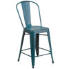 Commercial Grade 24" High Distressed Kelly Blue-Teal Metal Indoor-Outdoor Counter Height Stool with Back ET-3534-24-KB-GG