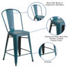 Commercial Grade 24" High Distressed Kelly Blue-Teal Metal Indoor-Outdoor Counter Height Stool with Back ET-3534-24-KB-GG