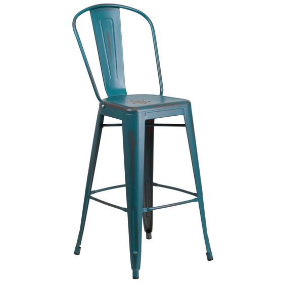 Commercial Grade 30" High Distressed Kelly Blue-Teal Metal Indoor-Outdoor Barstool with Back ET-3534-30-KB-GG