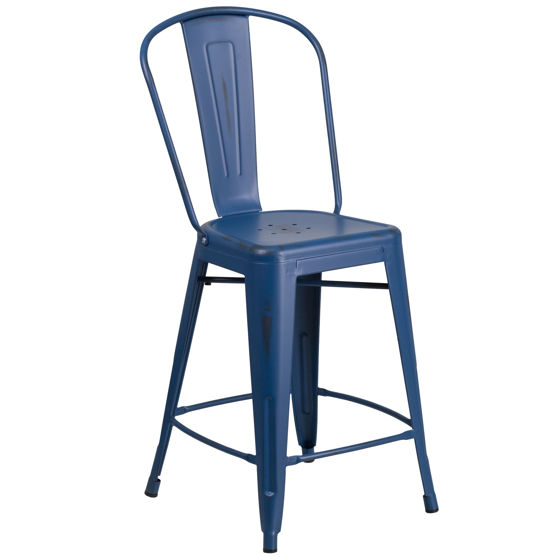 Commercial Grade 24" High Distressed Antique Blue Metal Indoor-Outdoor Counter Height Stool with Back ET-3534-24-AB-GG