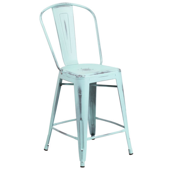 Commercial Grade 24" High Distressed Green-Blue Metal Indoor-Outdoor Counter Height Stool with Back ET-3534-24-DB-GG