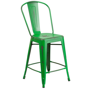 Commercial Grade 24" High Distressed Green Metal Indoor-Outdoor Counter Height Stool with Back ET-3534-24-GN-GG