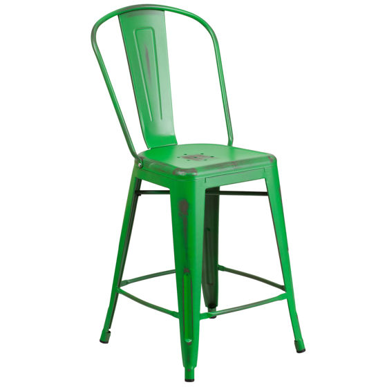 Commercial Grade 24" High Distressed Green Metal Indoor-Outdoor Counter Height Stool with Back ET-3534-24-GN-GG