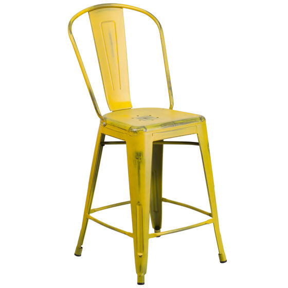 Commercial Grade 24" High Distressed Yellow Metal Indoor-Outdoor Counter Height Stool with Back ET-3534-24-YL-GG