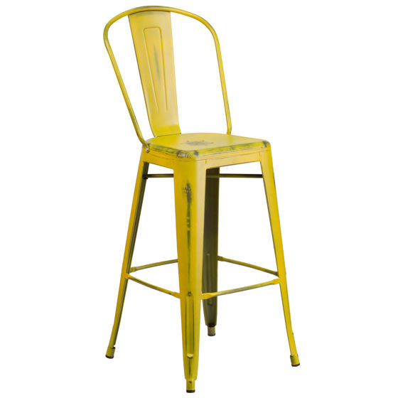 Commercial Grade 30" High Distressed Yellow Metal Indoor-Outdoor Barstool with Back ET-3534-30-YL-GG