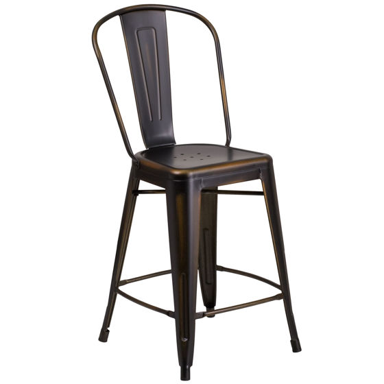 Commercial Grade 24" High Distressed Copper Metal Indoor-Outdoor Counter Height Stool with Back ET-3534-24-COP-GG