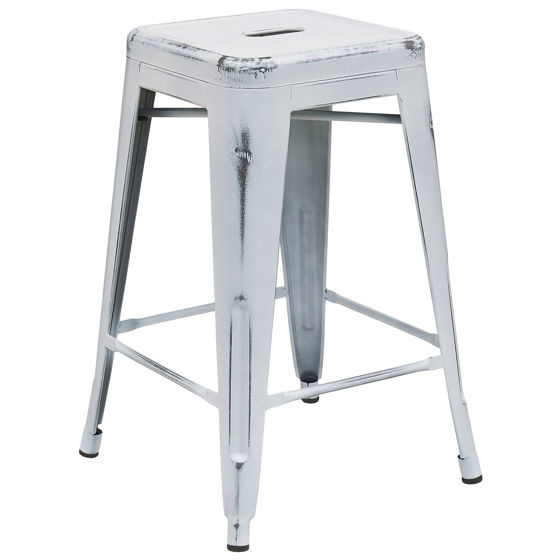 Commercial Grade 24" High Backless Distressed White Metal Indoor-Outdoor Counter Height Stool ET-BT3503-24-WH-GG