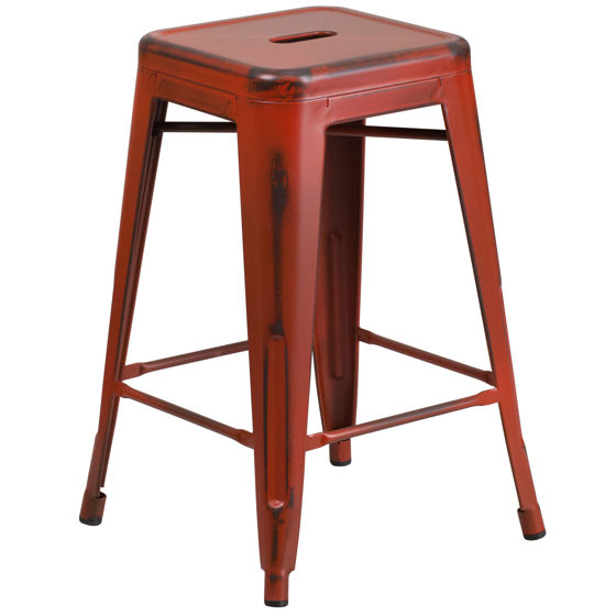 Commercial Grade 24" High Backless Distressed Kelly Red Metal Indoor-Outdoor Counter Height Stool ET-BT3503-24-RD-GG