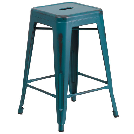 Commercial Grade 24" High Backless Distressed Kelly Blue-Teal Metal Indoor-Outdoor Counter Height Stool ET-BT3503-24-KB-GG
