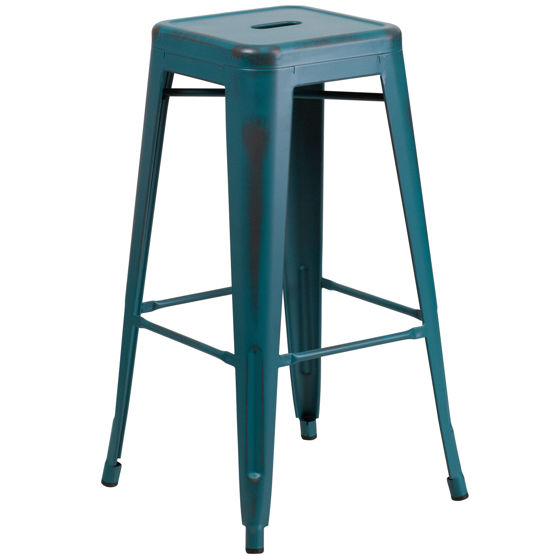 Commercial Grade 30" High Backless Distressed Kelly Blue-Teal Metal Indoor-Outdoor Barstool ET-BT3503-30-KB-GG