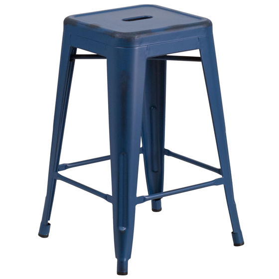 Commercial Grade 24" High Backless Distressed Antique Blue Metal Indoor-Outdoor Counter Height Stool ET-BT3503-24-AB-GG