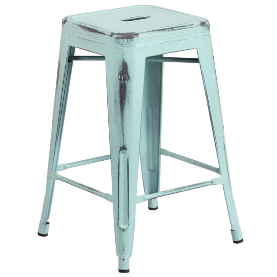 Commercial Grade 24" High Backless Distressed Green-Blue Metal Indoor-Outdoor Counter Height Stool ET-BT3503-24-DB-GG