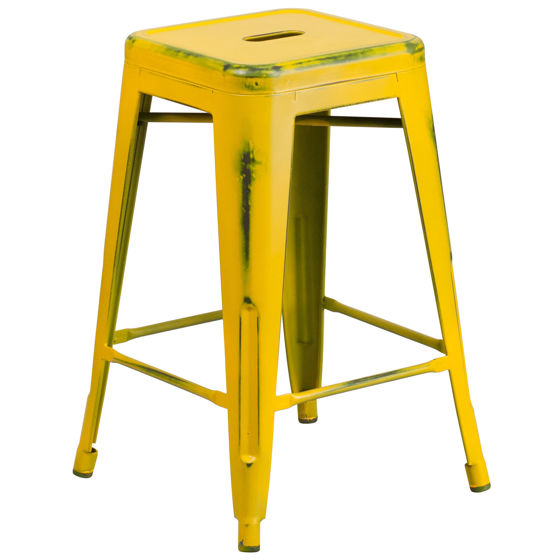 Commercial Grade 24" High Backless Distressed Yellow Metal Indoor-Outdoor Counter Height Stool ET-BT3503-24-YL-GG