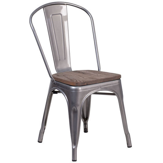 Clear Coated Metal Stackable Chair with Wood Seat XU-DG-TP001-WD-GG