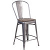24" High Clear Coated Counter Height Stool with Back and Wood Seat XU-DG-TP001B-24-WD-GG