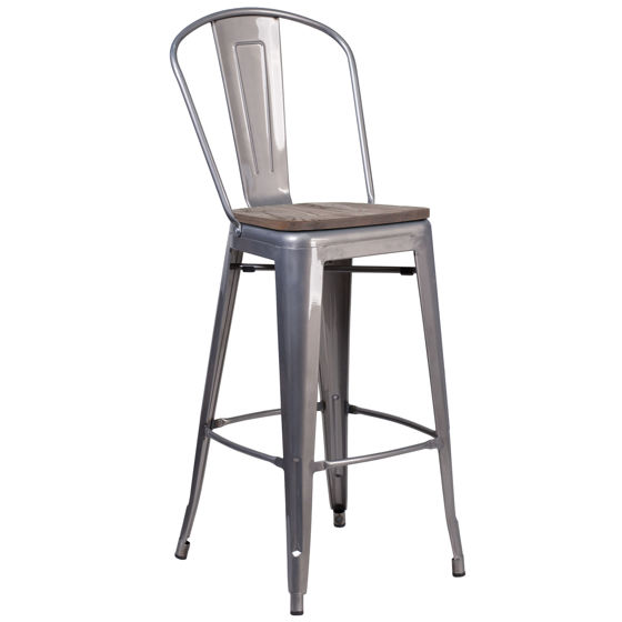 30" High Clear Coated Barstool with Back and Wood Seat XU-DG-TP001B-30-WD-GG