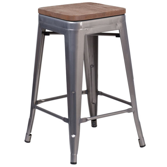 24" High Backless Clear Coated Metal Counter Height Stool with Square Wood Seat  XU-DG-TP0004-24-WD-GG