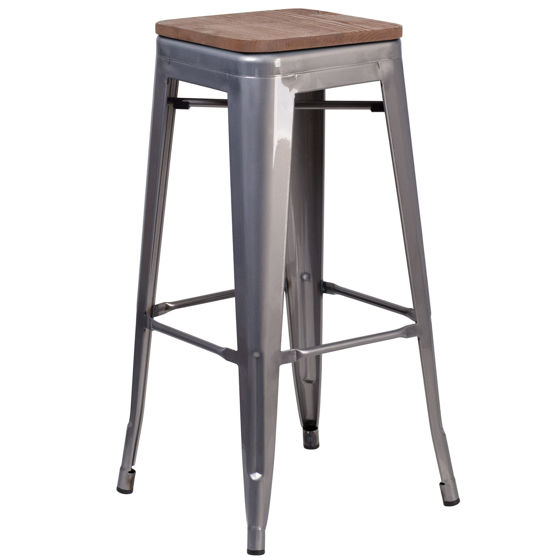 30" High Backless Clear Coated Metal Barstool with Square Wood Seat XU-DG-TP0004-30-WD-GG