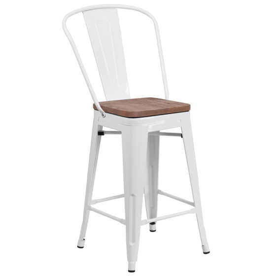 24" High White Metal Counter Height Stool with Back and Wood Seat CH-31320-24GB-WH-WD-GG