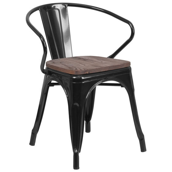 Black Metal Chair with Wood Seat and Arms CH-31270-BK-WD-GG