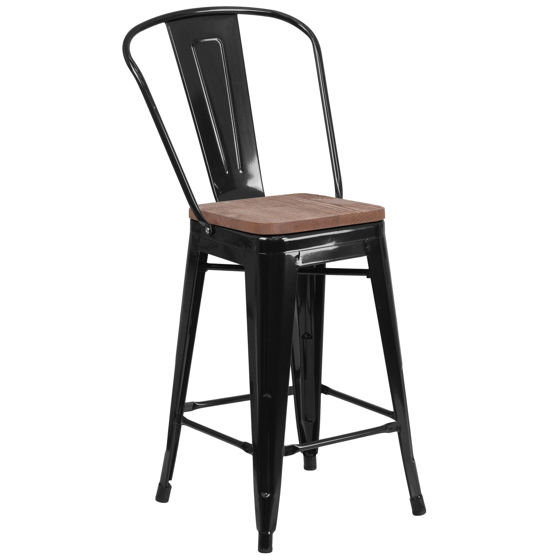 24" High Black Metal Counter Height Stool with Back and Wood Seat CH-31320-24GB-BK-WD-GG